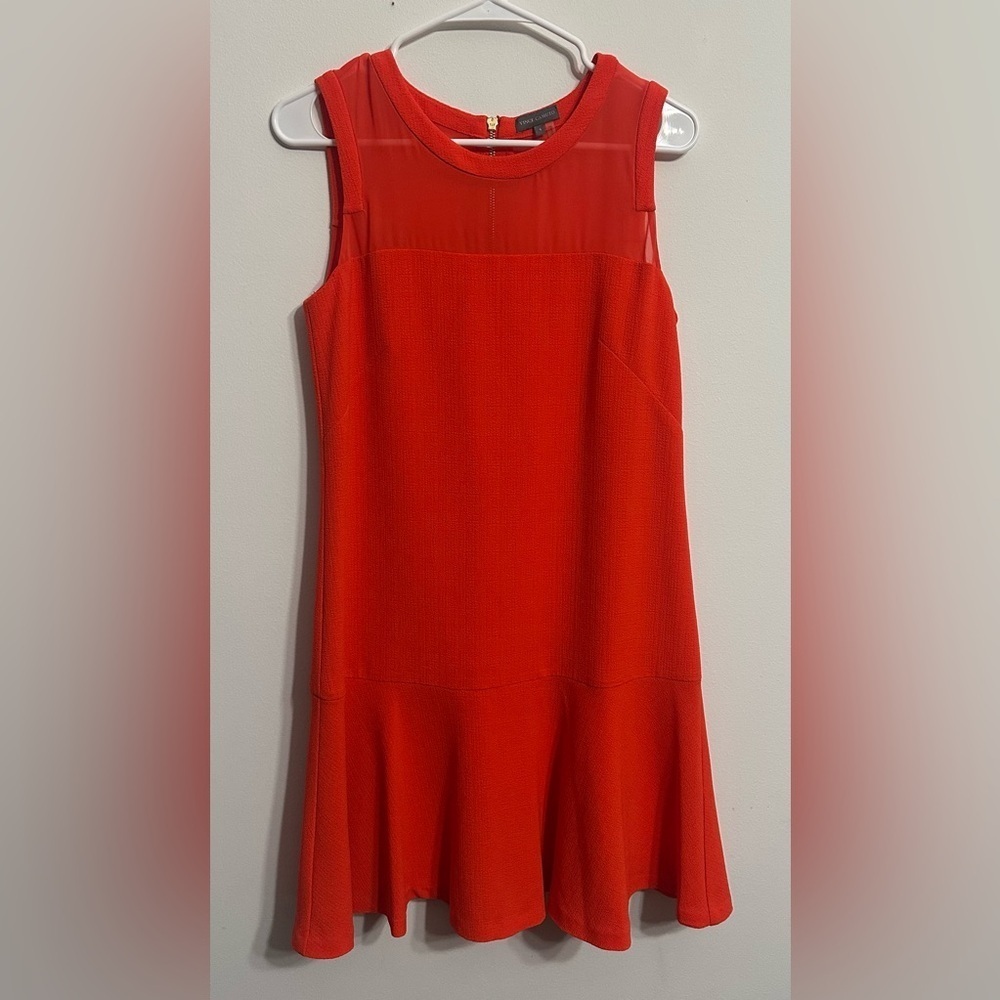 Vince Camuto poppy colored sleeveless shift dresss with sheer design, size 4